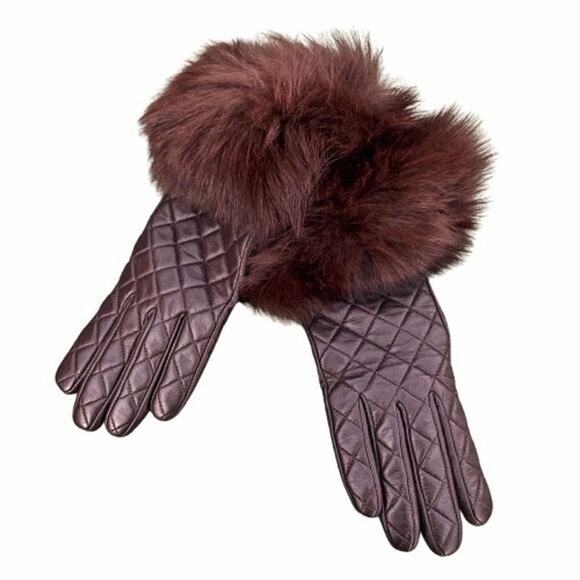 Quilted Lambskin Leather Gloves Genuine Fur Cuff Cashmere Lined Chocolate Brown - Picture 2 of 6